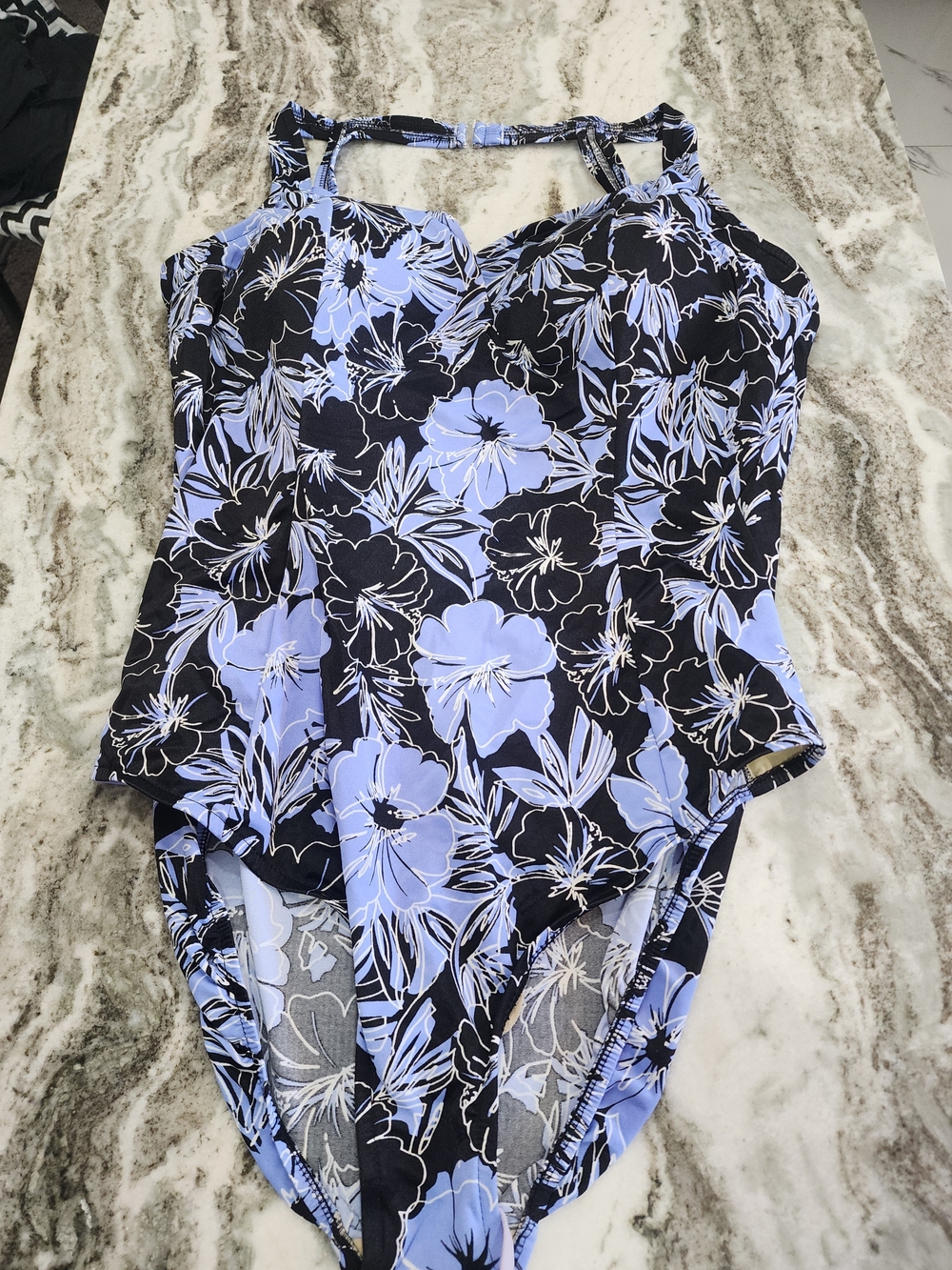 Floral Print Girls' One-Piece Swimsuit in Black and Light Blue
